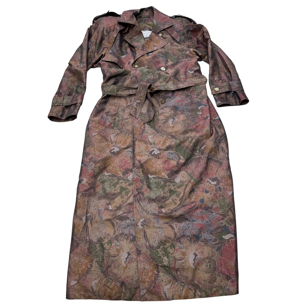 VTG J. Gallery Trench Coat Brown Abstract Floral Belted Lightweight Women 10